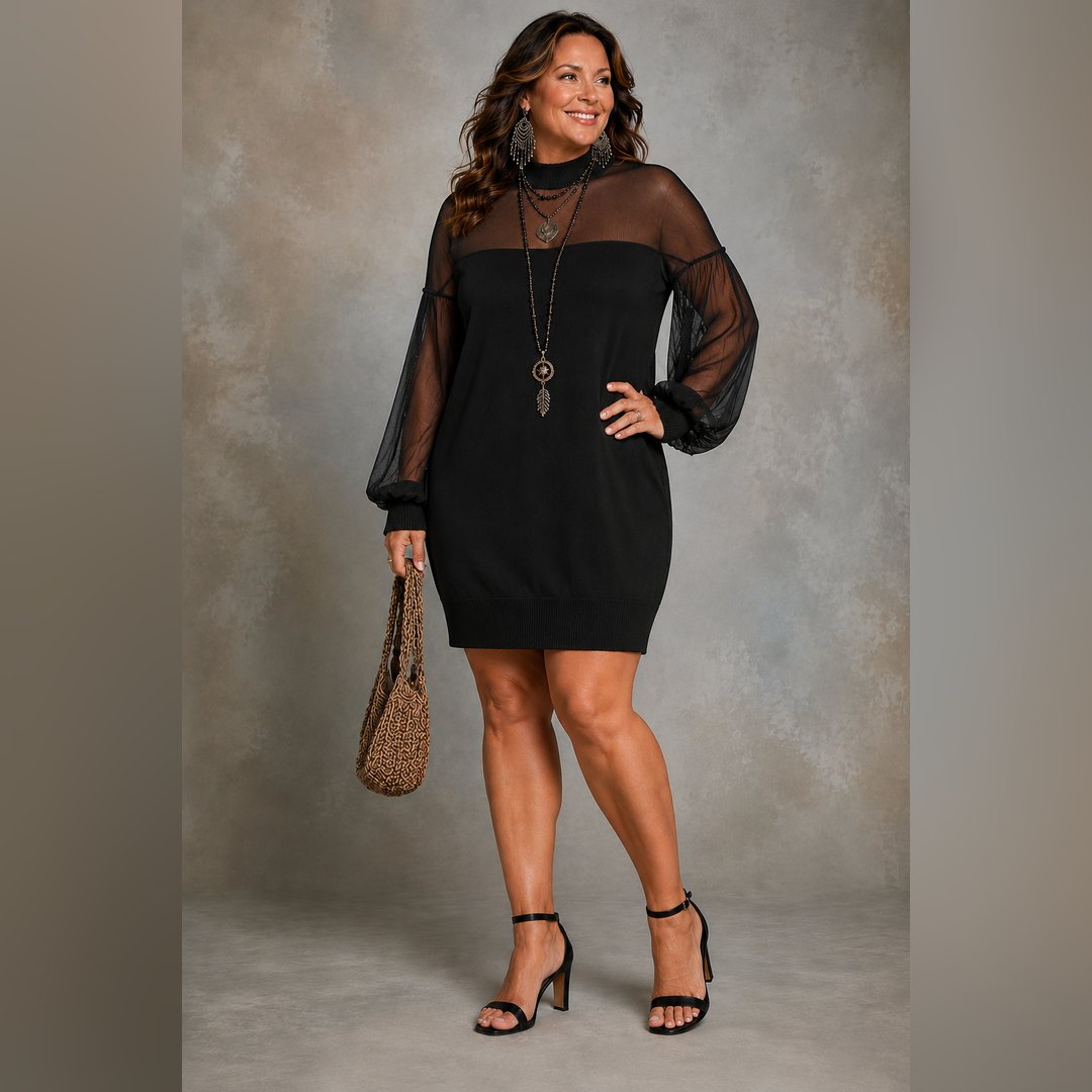 Peig | Black Mesh-Sleeve Mini Dress