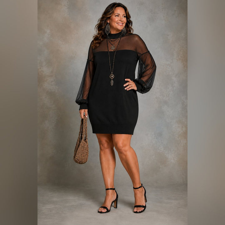 Peig | Black Mesh-Sleeve Mini Dress