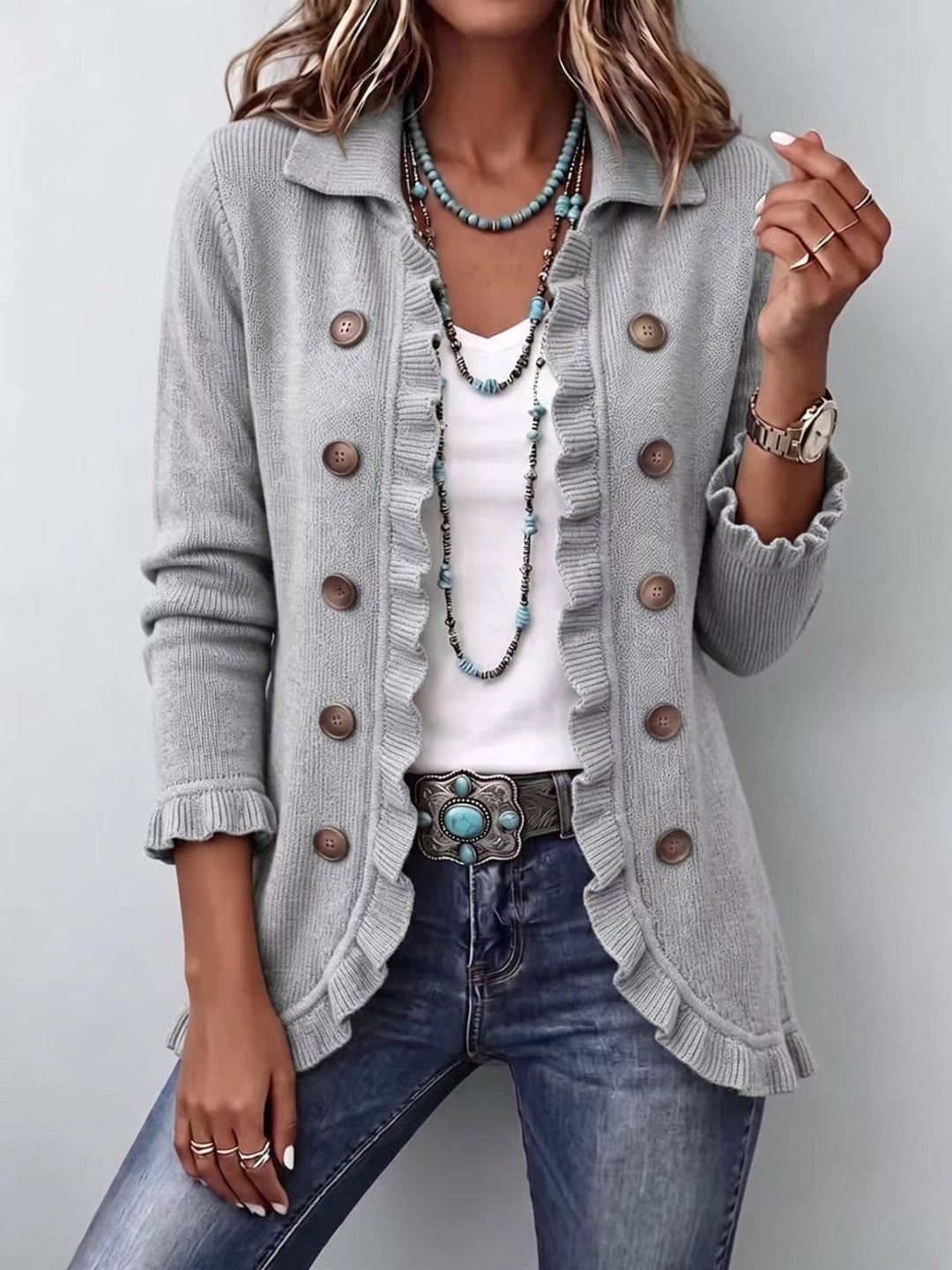 Glynnis | Heather Grey Ribbed Knit Ruffle Jacket
