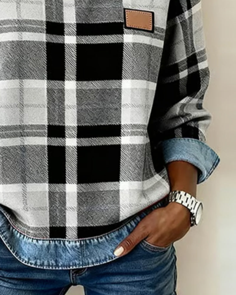 Tacey | Casual Round Neck Denim Patchwork Pullover