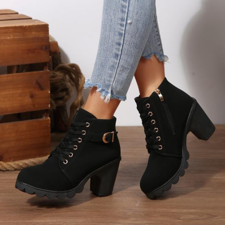 Hylda | Chic Lace-Up Metal Buckle Chunky Ankle Boots