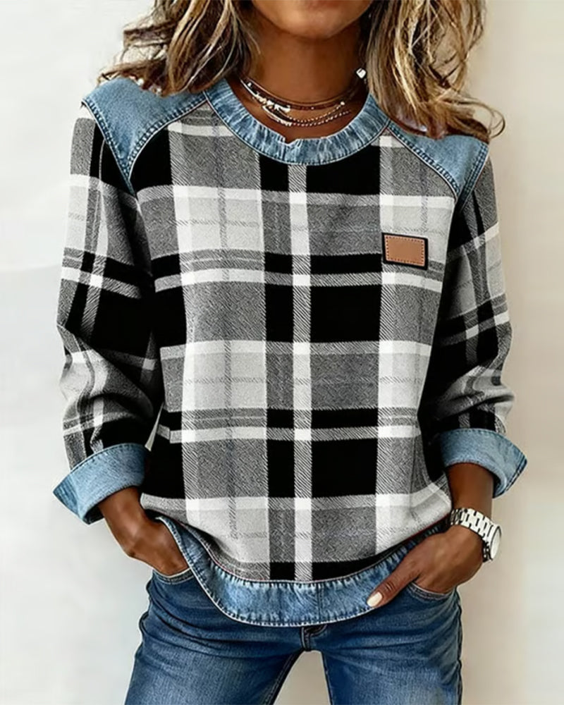 Tacey | Casual Round Neck Denim Patchwork Pullover