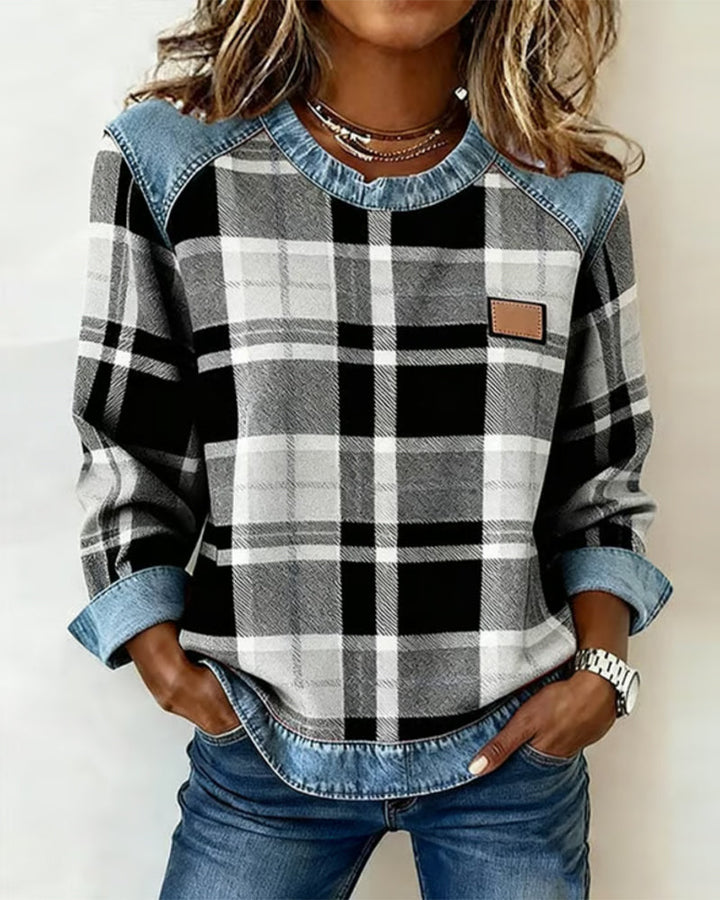 Tacey | Casual Round Neck Denim Patchwork Pullover