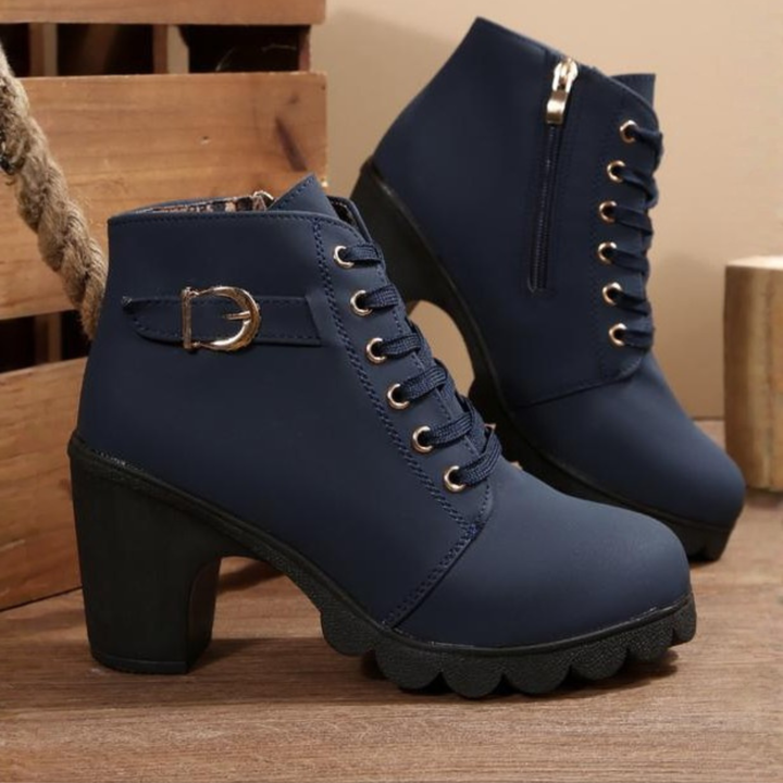 Hylda | Chic Lace-Up Metal Buckle Chunky Ankle Boots