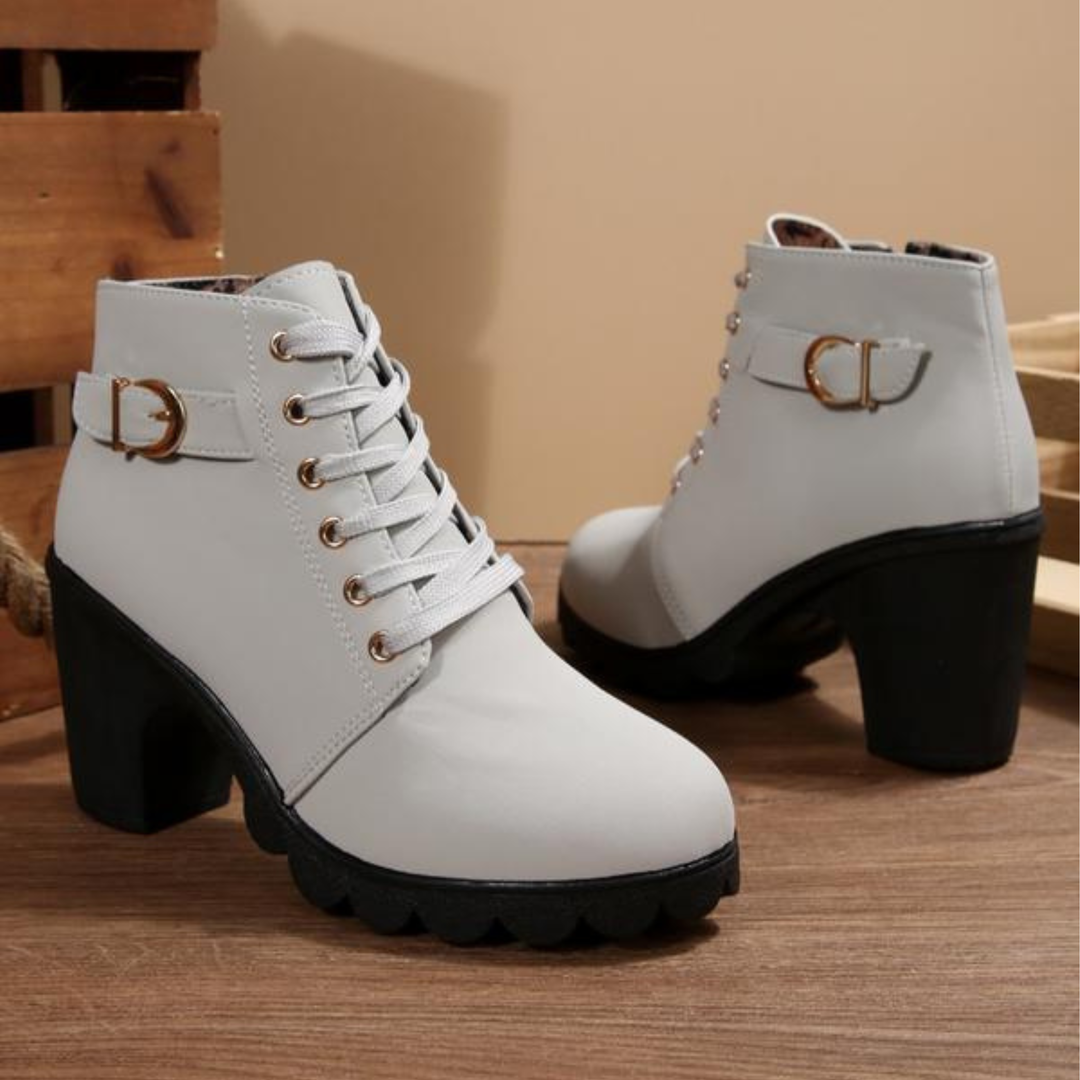 Hylda | Chic Lace-Up Metal Buckle Chunky Ankle Boots