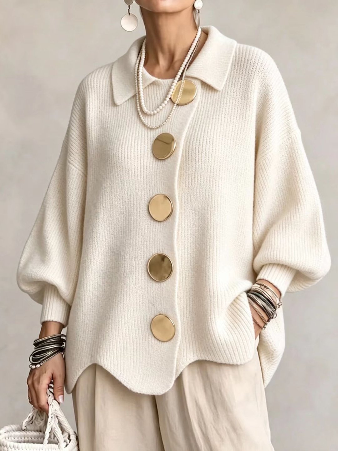 Stefanie | Oversized Collared Cardigan With Large Metal Buttons