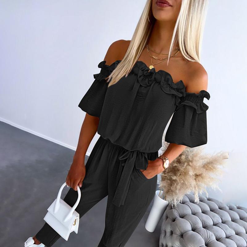 Irenee | Chic Off Shoulder Frill Tie-Waist Jumpsuit