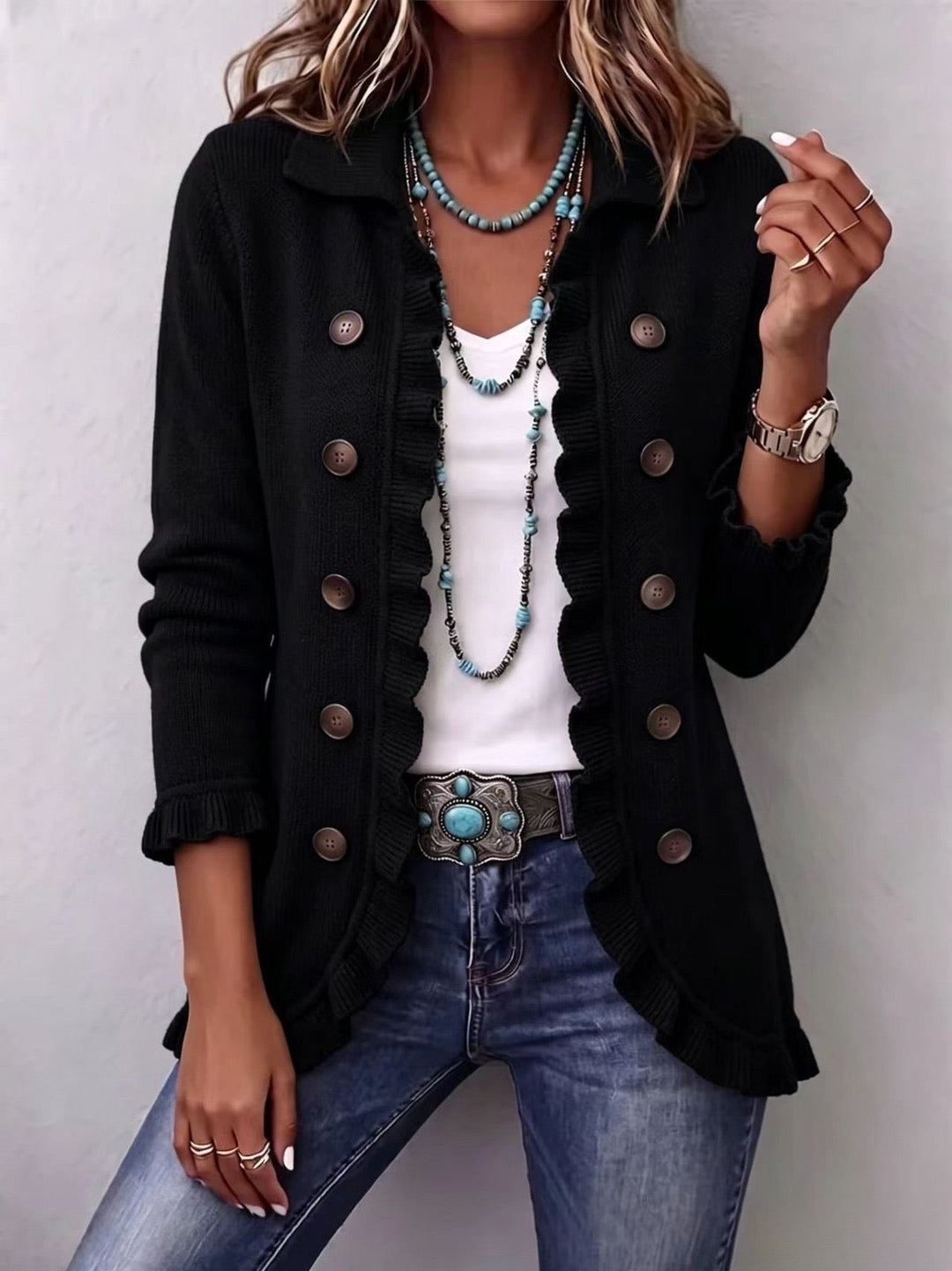Rosina | Jet Black Ribbed Knit Ruffle Jacket