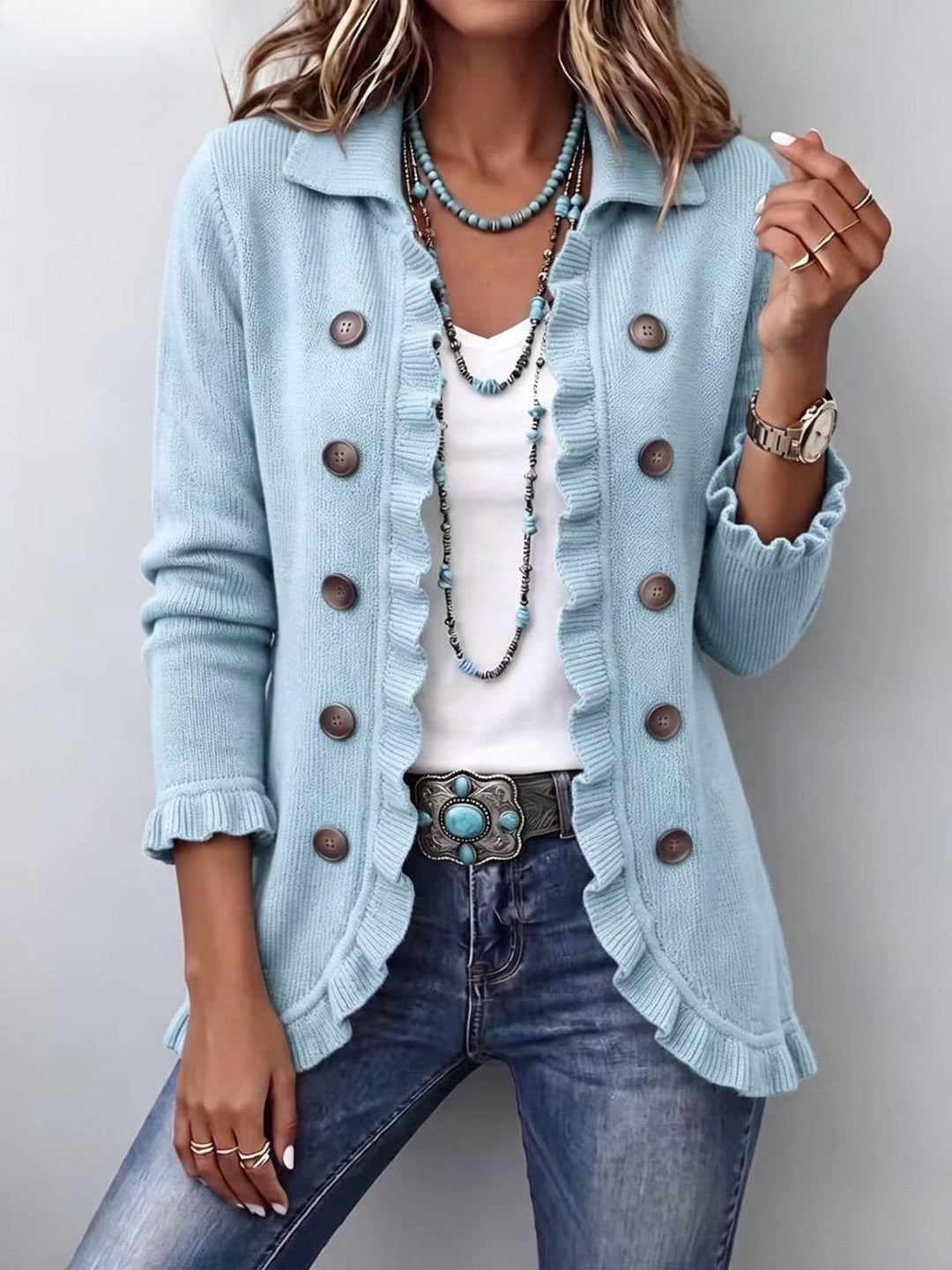Riona | Powder Blue Ribbed Knit Ruffle Jacket