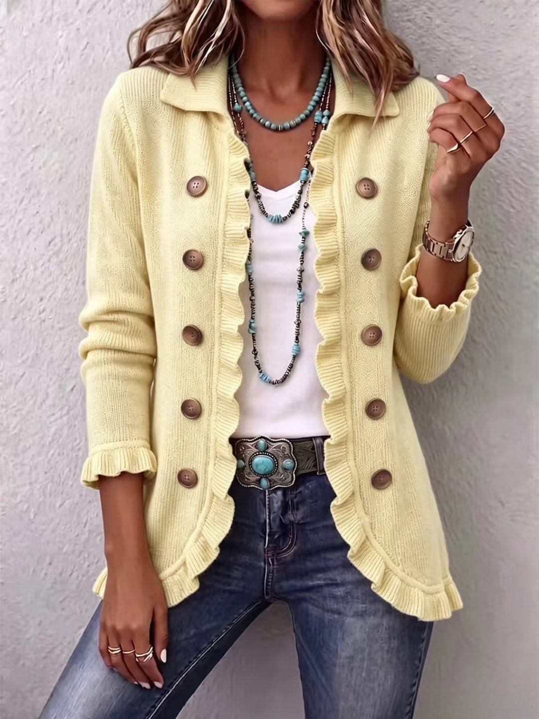 Neasa | Buttercream Ribbed Knit Ruffle Jacket