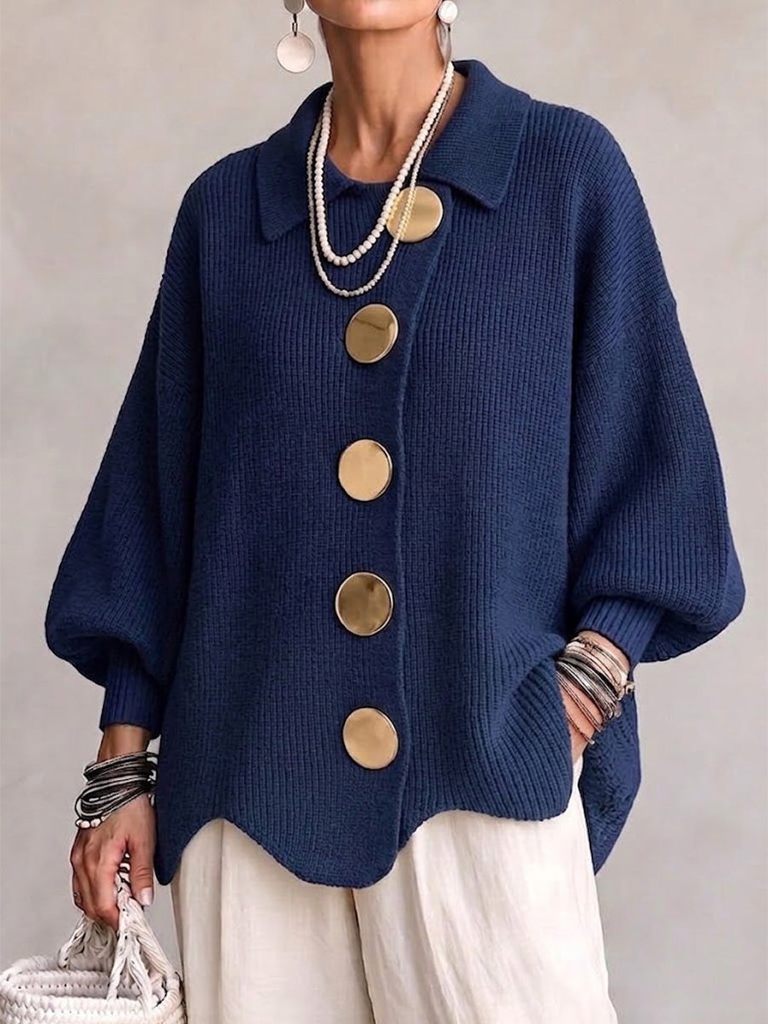 Stefanie | Oversized Collared Cardigan With Large Metal Buttons