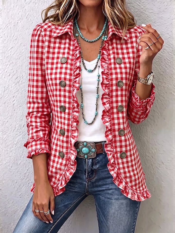 Brona | Gingham Ruffled Button-Down Jacket