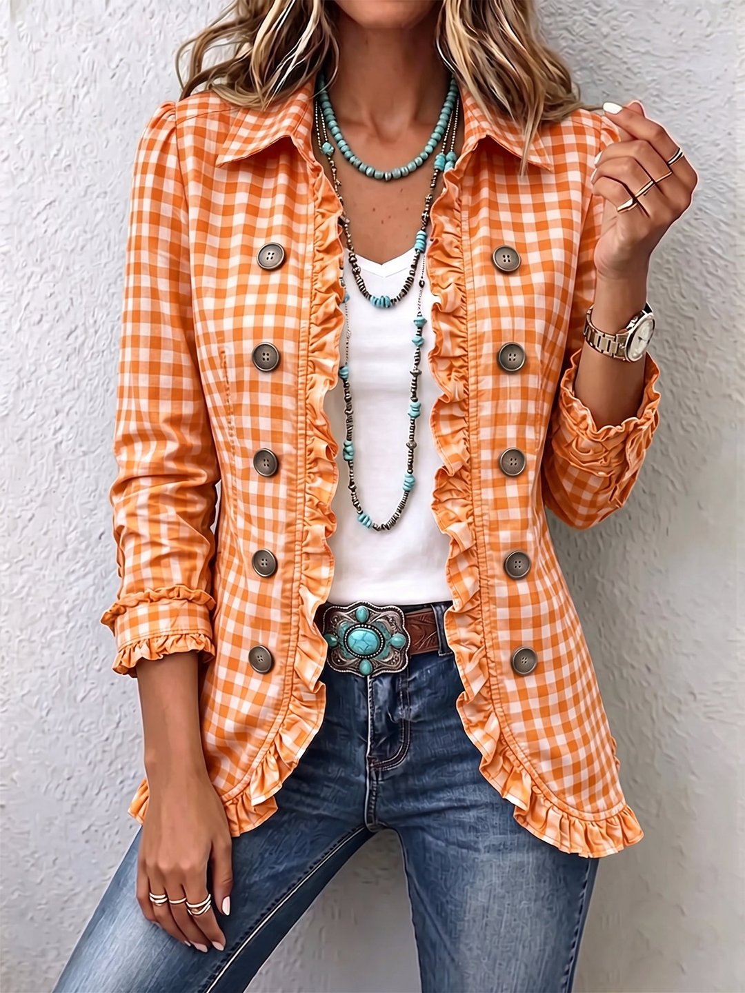 Brona | Gingham Ruffled Button-Down Jacket