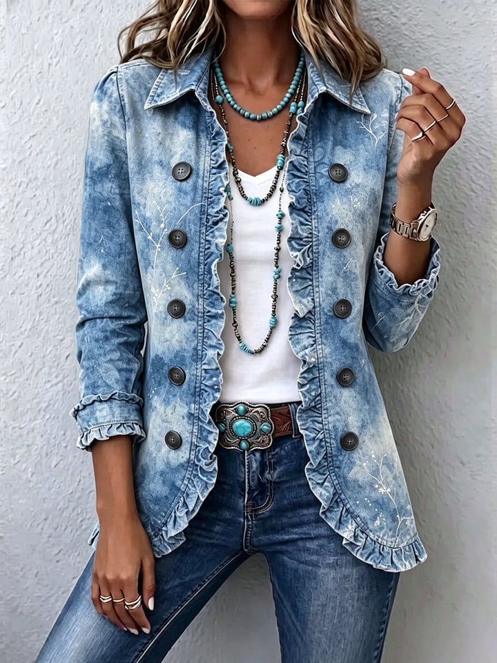 Triona | Boho-Style Gradient Vintage Botanical Print Ruffle-Detail Jacket