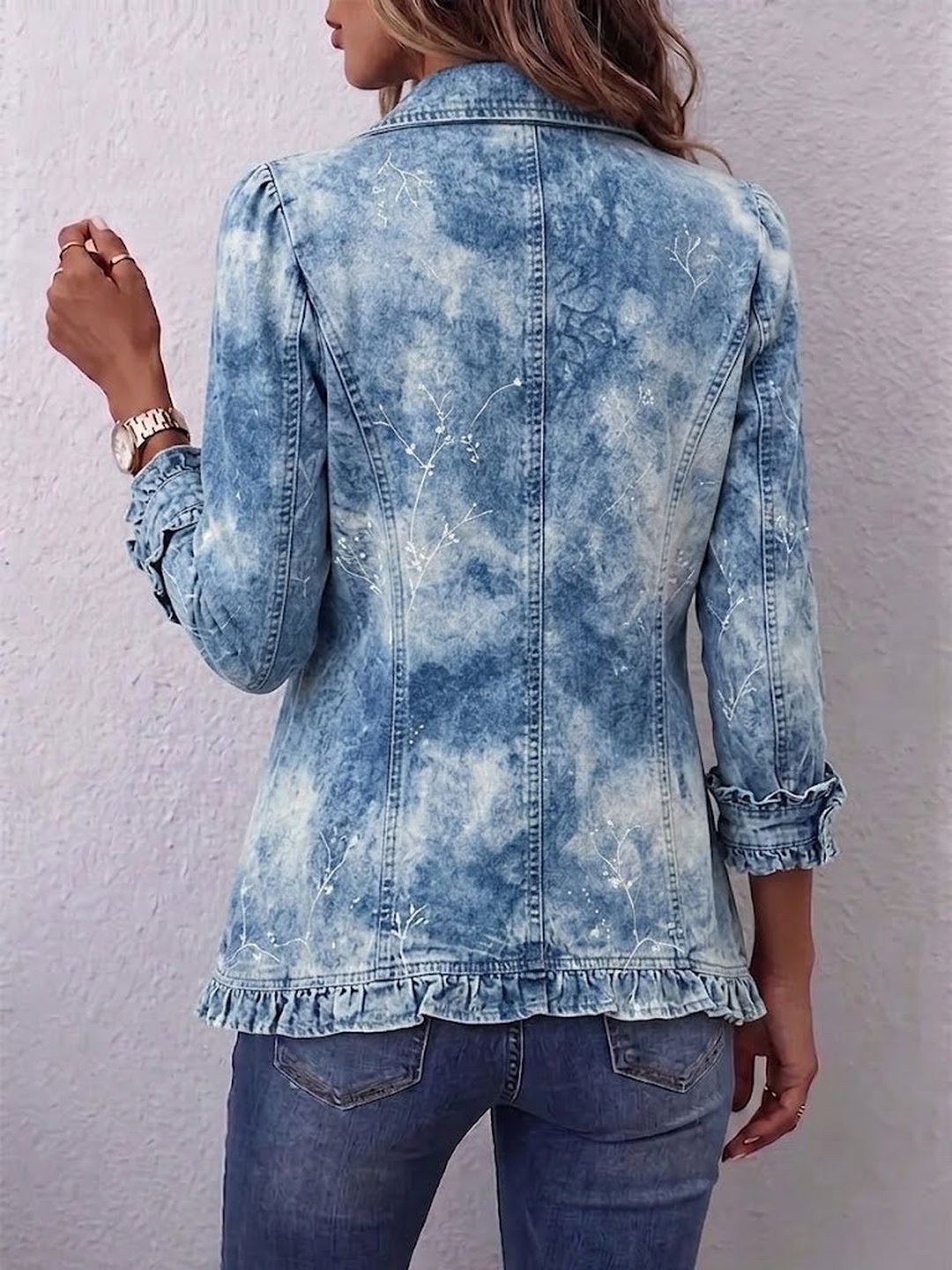 Triona | Boho-Style Gradient Vintage Botanical Print Ruffle-Detail Jacket