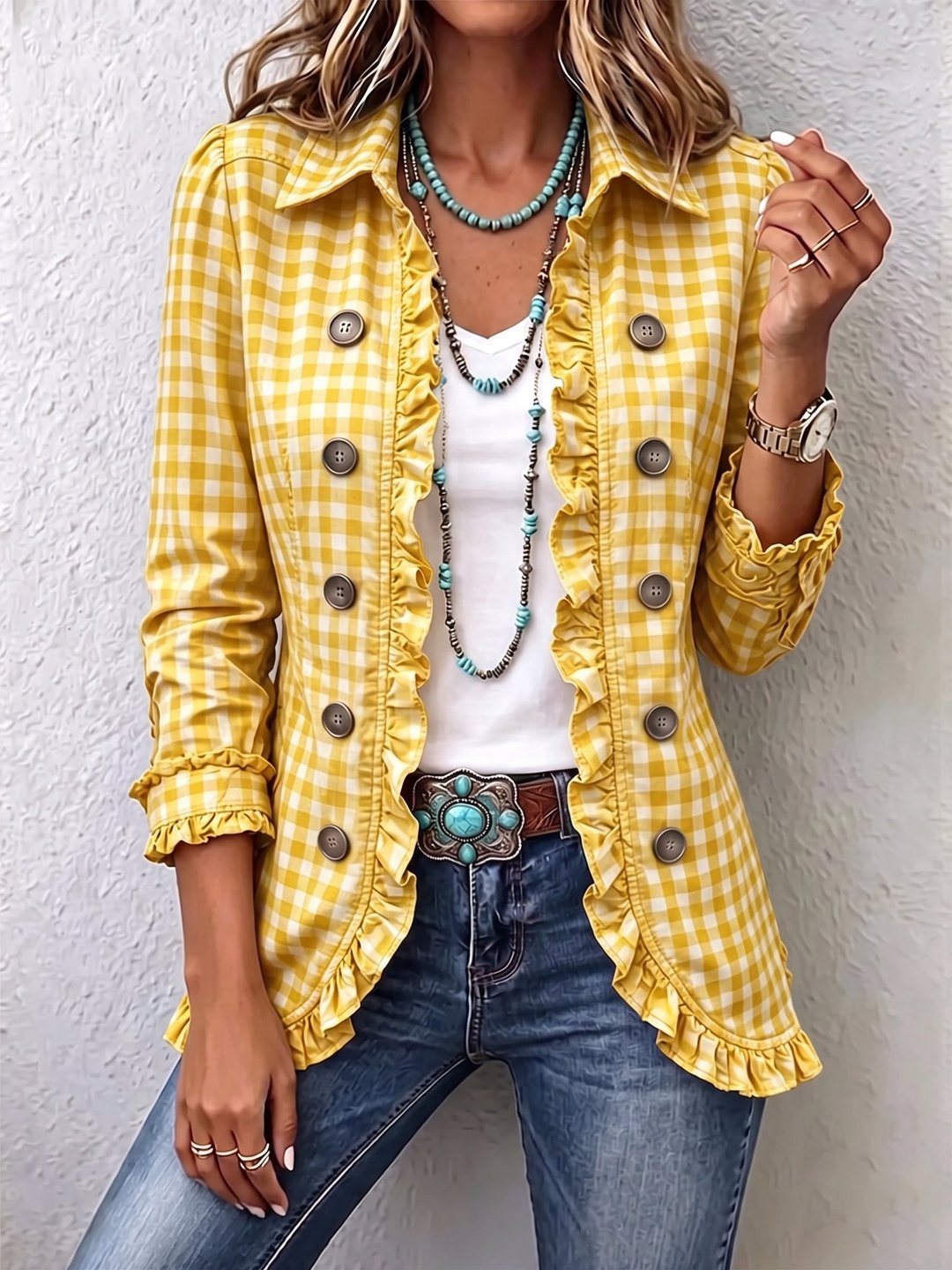 Brona | Gingham Ruffled Button-Down Jacket