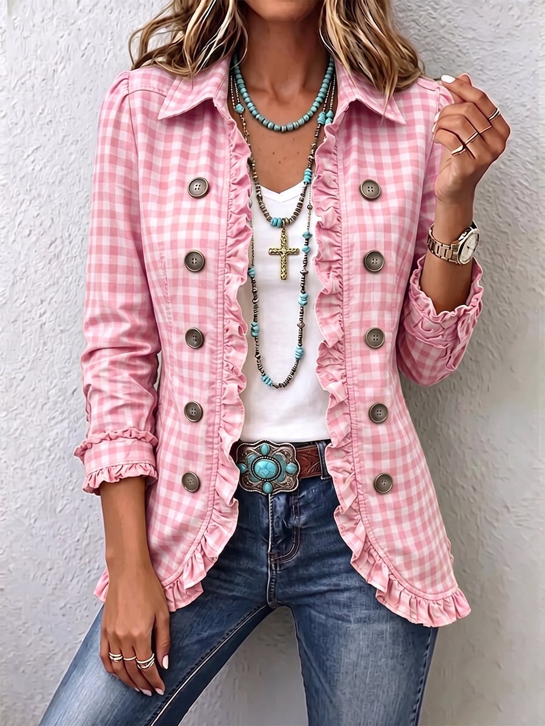 Brona | Gingham Ruffled Button-Down Jacket